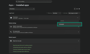 Uninstall Chromium from Installed Apps through Windows Settings.