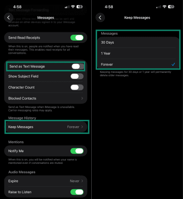 iPhone Messages settings page, including Send as Text Message and Keep Messages duration.