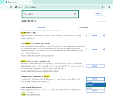 Chrome flags with the option Anonymize local IPs exposed by WebRTC enabled