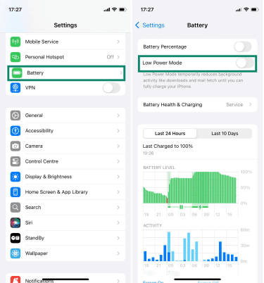 Turning off Low Power Mode on iPhone.