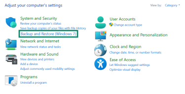 Windows Control Panel with Backup and restore (Windows 7) highlighted.