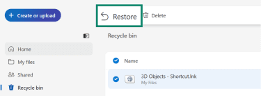 The OneDrive recycle Bin highlighting the Restore option.