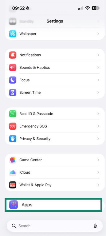 Apps in iPhone settings.