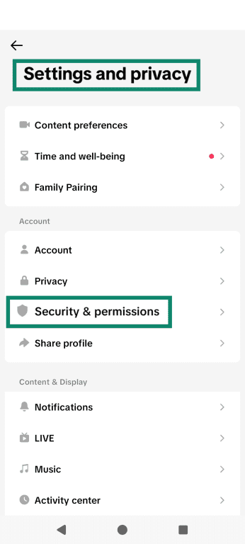 The TikTok Settings and privacy page, directing users to the Security & permissions tab.