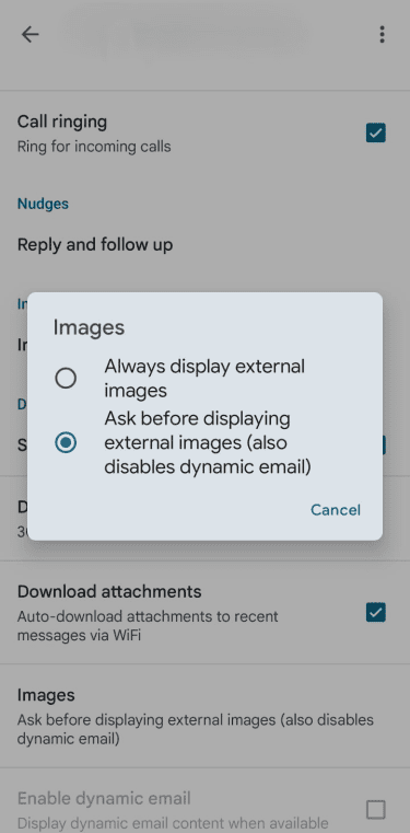 Gmail mobile account settings with the Images options dialog open.