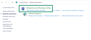 Control Panel “Network and Internet” page with “Network and Sharing Centre” highlighted.