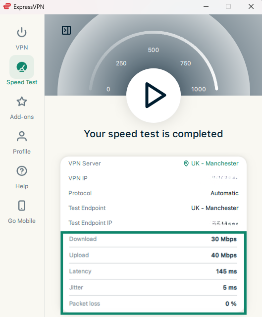 Speed test results on ExpressVPN's built-in speed test tool