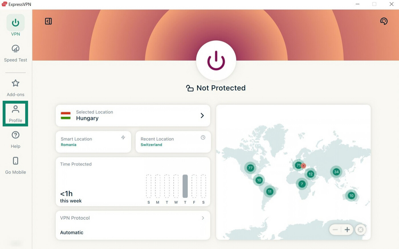 ExpressVPN Windows app interface, showing the VPN tab and a highlighted "Profile" tab.