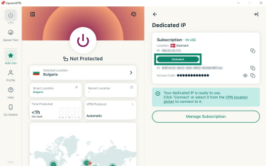 ExpressVPN Windows app interface, showing the VPN tab and Dedicated IP side window. The "Connect" button is highlighted.