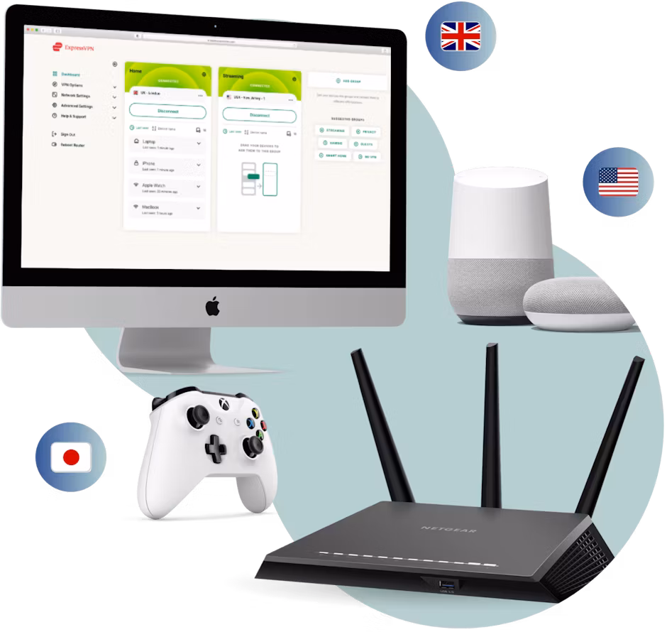 Devices, country flags, and a router.